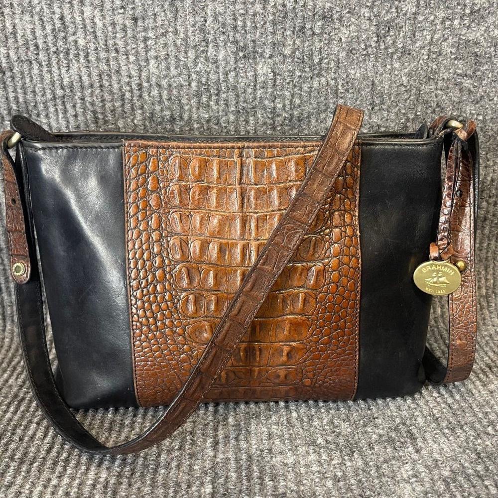 Vintage Brahmin Erica Brown Black Croc Embossed Leather Crossbody Bag USA